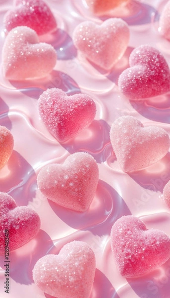 Fototapeta vertical background with sugar marmalade hearts in the wavy water