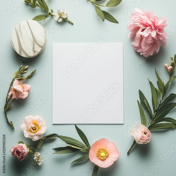 Fototapeta A delicate pastel-colored floral arrangement surrounding a white square frame. Soft pinks and peaches blend harmoniously with the greenery, creating a serene and elegant vibe.