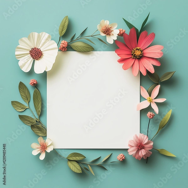 Fototapeta A delicate pastel-colored floral arrangement surrounding a white square frame. Soft pinks and peaches blend harmoniously with the greenery, creating a serene and elegant vibe.