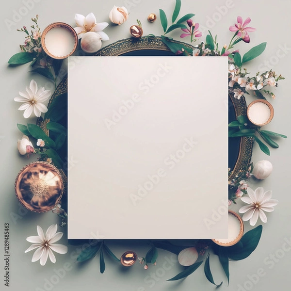 Fototapeta A beautiful botanical frame with intricate flower and leaf designs that complement the central blank space, ideal for showcasing special art, photos, or messages.