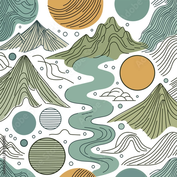 Fototapeta Abstract colorful linear pattern with mountains, river, sun. hand drawn. Not AI
