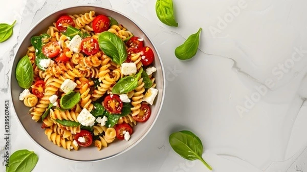 Obraz Healthy Mediterranean Fusilli Pasta Salad with Cherry Tomatoes, Spinach Leaves, Feta Cheese, and Basil on Marble Table – Top View of Fresh Vegetarian Italian Dish

