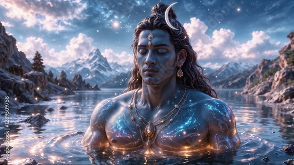 Fototapeta Lord Shiva with closed eyes is meditating in mystical lake, surrounded by snowy mountains and a starry sky. His has glowing blue skin shimmering with cosmic energy flows showing spiritual power