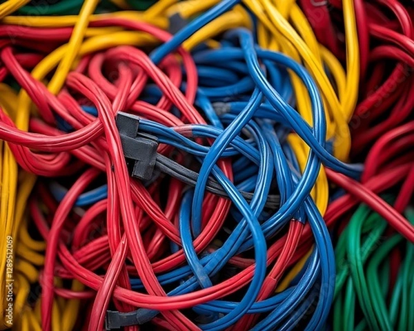 Fototapeta Colorful tangled computer cables