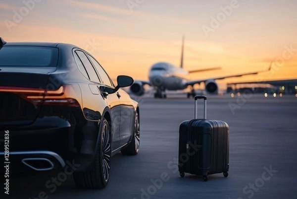Fototapeta Black luxury car parked near a rolling suitcase on the airport tarmac with an approaching airplane at sunset. Elegant travel and transportation concept.

