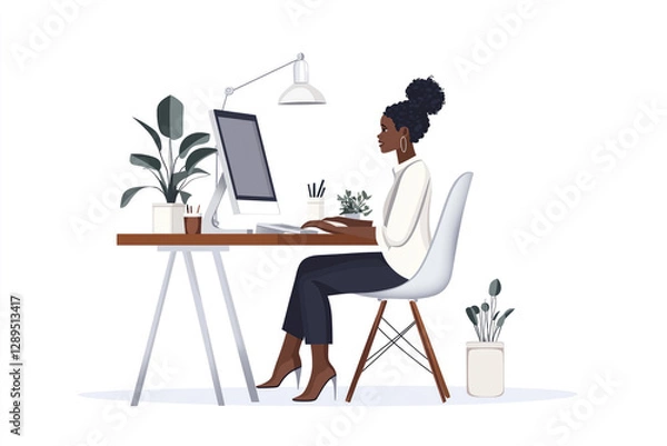 Fototapeta Minimalist illustration of a Black woman working at a desk with a computer in a modern home office. Stylish and productive workspace.

