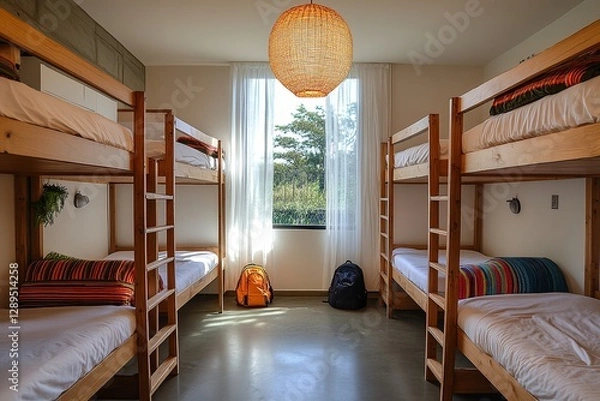 Fototapeta  Hostel dormitory with four wooden bunk beds, white sheets, colorful blankets, backpacks near lockers, large windows with sheer curtains, pendant lights casting warm glow.