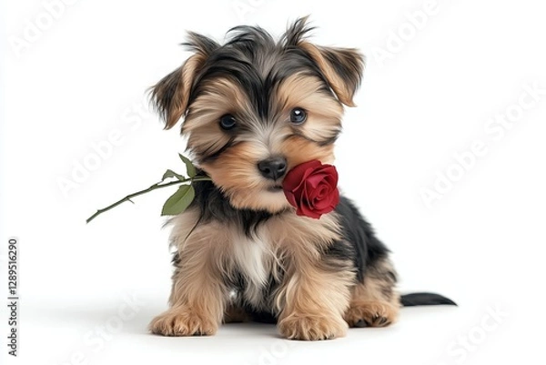 Fototapeta Adorable Yorkshire Terrier puppy sitting with a red rose in its mouth, looking cute and charming on a white background.


