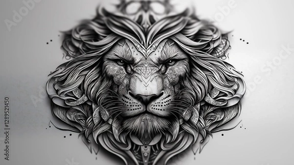 Fototapeta Detailed illustration of a lion’s head surrounded by intricate floral patterns and shapes in black and white