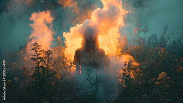 Fototapeta Girl standing in a field covered in sunlight and smoke