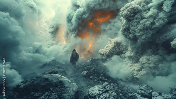 Fototapeta Man walking in the middle of rocks, smoke and fire