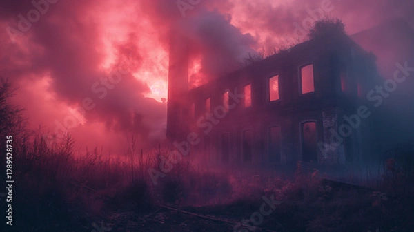 Fototapeta Old building, red light, smoke and fog