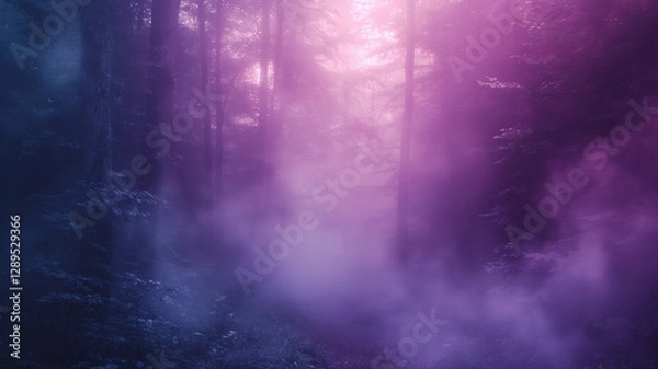 Fototapeta fog  and sunrise in the forest abstract light background