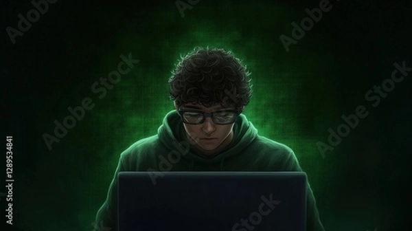 Fototapeta Young hacker immersed in coding, illuminated by green light in a dimly lit room during late night