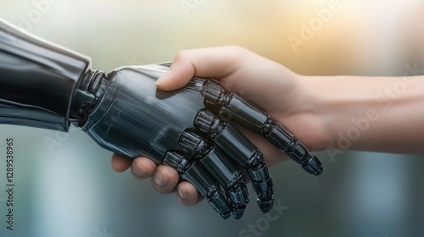 Fototapeta Collaboration between human and robot hand signifies the future of technology