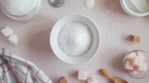 Obraz Assorted sugar cubes and granulated sugar in bowls on a light pink background, featuring wooden spoons.