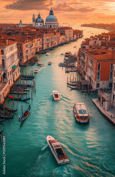 Fototapeta A large group of boats is gently floating down a picturesque river in Venice