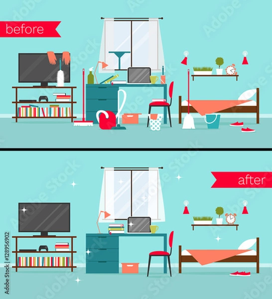 Obraz Vector illustration of dirty and clean bedrooms with cleaning tools