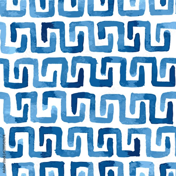 Fototapeta Blue meander seamless vector pattern, greek line water wave motif