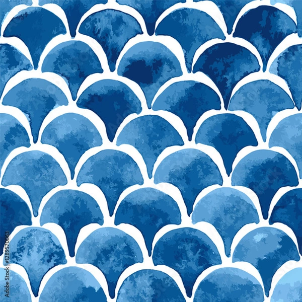 Fototapeta Blue watercolor scallops background, seamless vector pattern