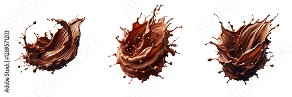 Fototapeta Rich chocolate splashes across a white background, creating various shapes and textures. The visual captures the artistry of dessert making, highlighting movement and fluidity