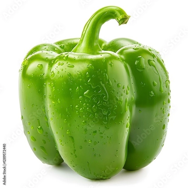 Obraz Single green bell pepper with water droplets isolated on white background. Studio macro photography. Vegetable and healthy food concept. Design for poster, banner, print, sticker, greeting card

