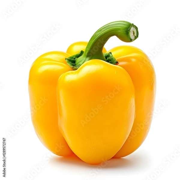 Obraz Single yellow bell pepper with green stem isolated on white background. Studio macro photography. Vegetable and healthy food concept. Design for poster, banner, print, sticker, greeting card

