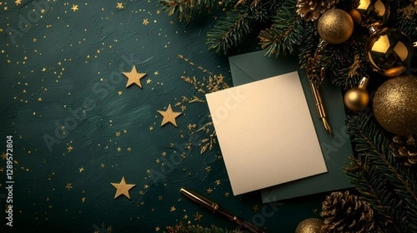 Obraz Christmas greeting card and envelope resting on a dark green surface, surrounded by golden decorations, stars, and pine branches