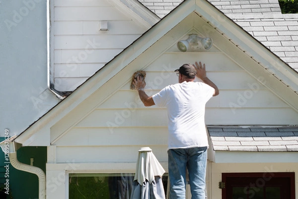 Fototapeta Man stand on ladder to clean house siding and eaves under the gable