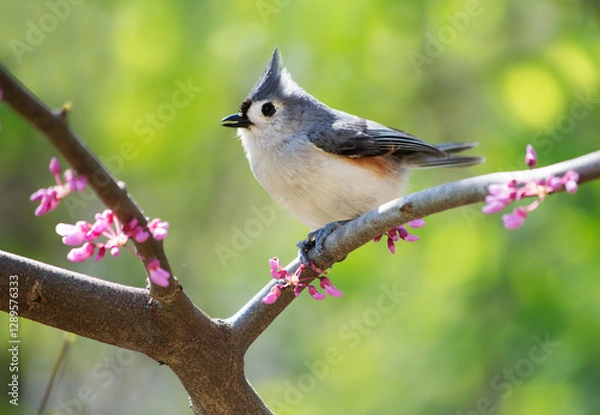 Fototapeta Tufted Titmouse, Baeolophus bicolor, perched in a redbud tree with spring blossoms against a green background