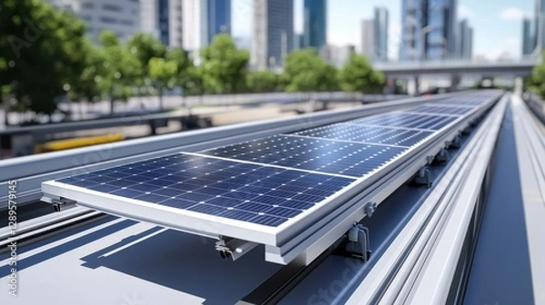 Fototapeta Solar panels installed on a city rooftop, with a backdrop of skyscrapers and trees, showcasing urban renewable energy implementation.