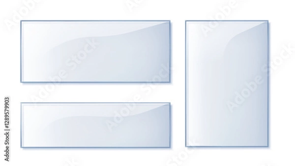 Obraz Glass plate transparent. Clear glass showcase isolated set. Clear rectangular plate, Plexiglas, realistic window mockup PNG