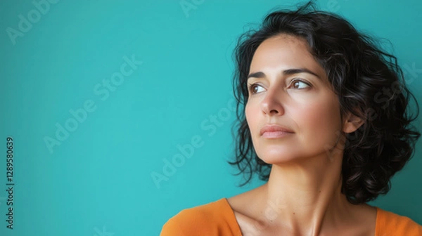 Fototapeta Hispanic Woman in Her 40s Gazing Contemplatively with a Reflective Expression Against a Solid Teal Background, Conveying Depth and Introspection
