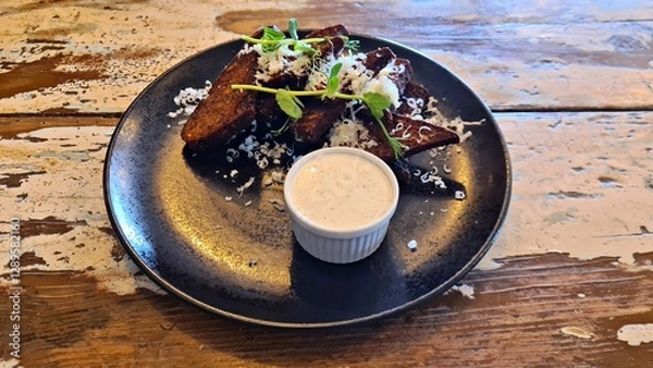 Obraz Fried slices of black bread with garlic and white sauce on large plate