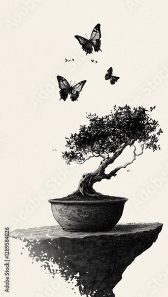 Fototapeta Monochrome bonsai tree with butterflies.