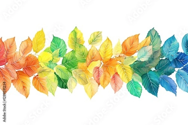 Fototapeta A vibrant autumn web banner featuring a rainbow colorful fall leaves, designed as a Thanksgiving or seasonal header with natural tones