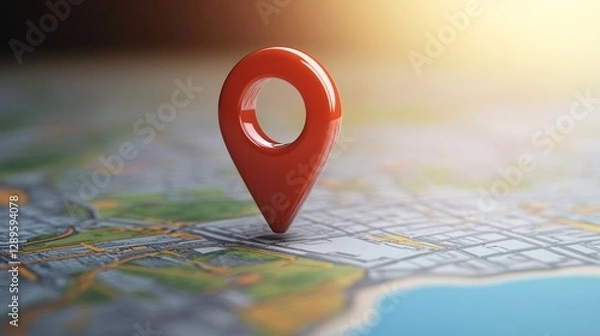 Fototapeta 3D map, search bar, and a red pin. GPS pointer icon. GPS and navigation symbol. Element for maps, social media, and mobile apps. Realistic vector image.