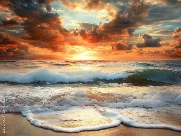 Obraz Beachfront scene with dramatic sunset at sunsets sea