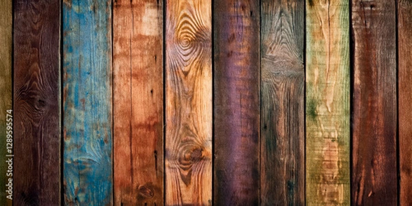 Fototapeta Panoramic background of rustic, weathered wooden planks with faded paint in various colors, arranged vertically