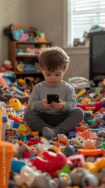 Fototapeta Toddler using phone in toy room