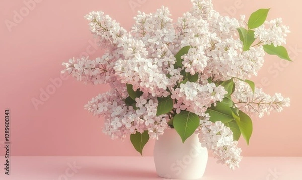 Fototapeta Blooming white lilac flowers placed on a soft pastel background, delicate details highlighted by gentle natural light