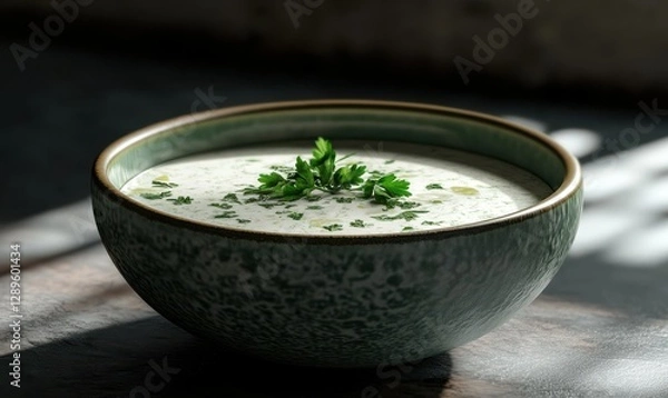 Fototapeta Elegant cream of broccoli soup served in a ceramic bowl garnished with fresh parsley, soft natural light highlighting its creamy textures and rich green tones