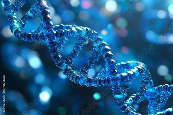 Fototapeta Blue dna helix structure on dark background with bokeh effect. Genetic research and biotechnology concept. Scientific medical background for genetics study presentation