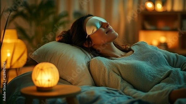 Fototapeta In a serene bedroom, a woman relaxes with a sleep mask, aimed at achieving restorative sleep. Calming lights create an atmosphere conducive to deep and REM sleep during the night