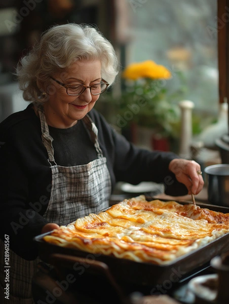 Obraz Elderly woman smiling while baking homemade lasagna in the kitchen with apron and cheese.