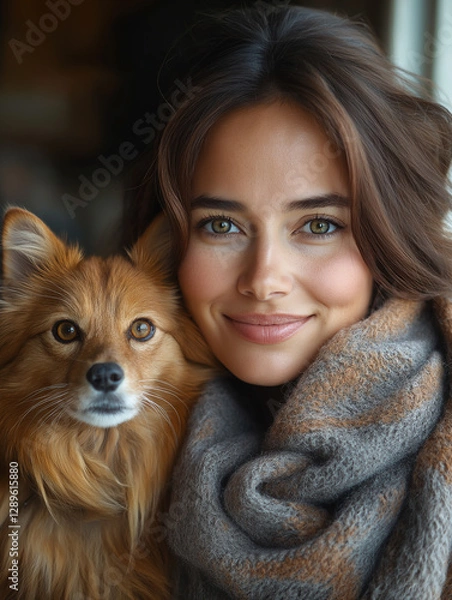 Obraz Portrait of a smiling woman with a Pomchi dog, cozy scarf, and charming autumn eyes