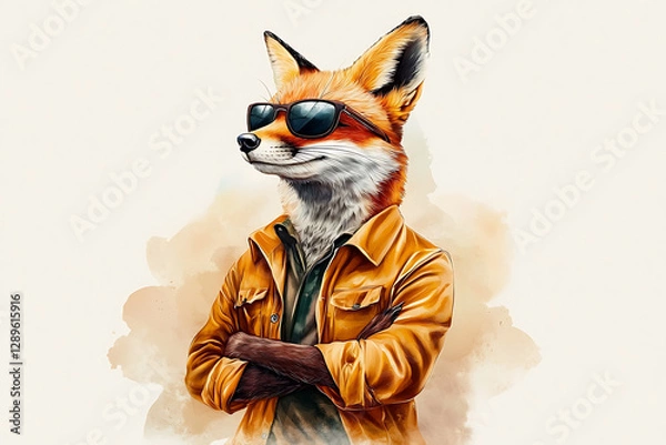 Fototapeta A sophisticated anthropomorphic fox wearing sunglasses and a stylish orange jacket with arms crossed against a neutral background.