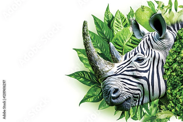 Fototapeta Zebra-striped rhino head emerging amidst lush green foliage a surreal and vibrant wildlife portrait on a white background.