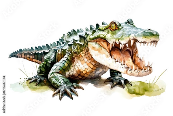 Fototapeta Watercolor illustration of a formidable alligator with its mouth wide open showcasing its sharp teeth.