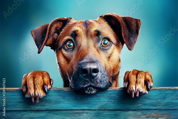 Fototapeta A brown dog with amber eyes gazes over a teal wooden fence its paws resting on the top.